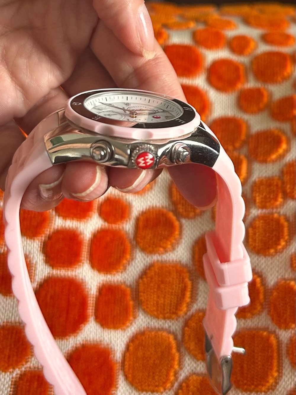 Michele Pink Silicone Strap Chronograph Watch with Silver-Tone Case - Picture 6 of 7